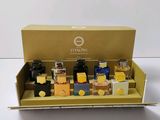 une présentation de différents types de parfums dans une boîte en carton