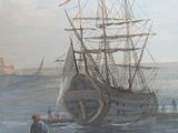 un tableau représentant un bateau sur l'eau, avec un homme debout à côté