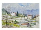 watercolor painting of a landscape of a village with a mountain in the background