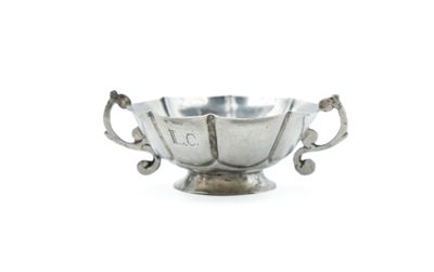 an image of a silver bowl with two handles on a white background