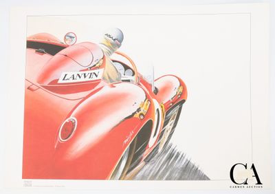 une image représentant un tableau d'une voiture de course rouge avec un homme au volant