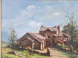 an oil painting of a house on a hill with a woman sitting in front of it