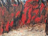 an oil painting of a path through a forest with red trees