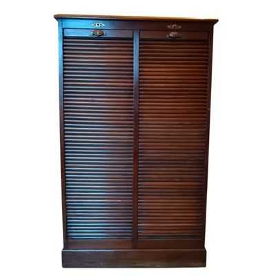 an image of a wooden cabinet with shutters on it