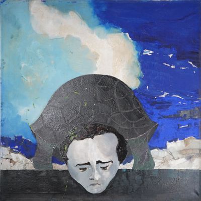 a painting of a man holding an umbrella over his head