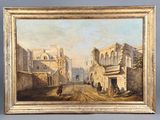 an oil painting of a street scene with a horse drawn carriage