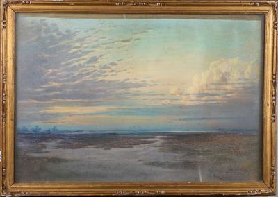 une peinture à l'huile représentant une scène de plage avec des nuages dans le ciel