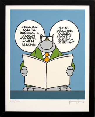 an image of a cartoon of a cat reading a book with two speech bubbles above it