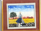 painting of a woman walking down a path in a field of flowers