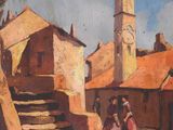 a painting of a couple walking down a street