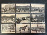 several old black and white photographs of people and horses in a town