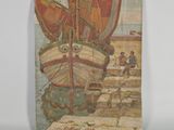 une photo d'un tableau représentant un bateau accroché au mur