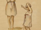 tableau représentant une femme et un enfant debout dans l'herbe