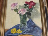 a painting of roses in a vase on a table