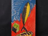 peinture représentant un poisson et un morceau de nourriture sur un fond noir