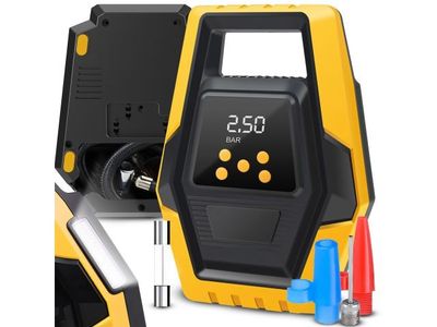 a yellow and black car jump compressor with a digital display