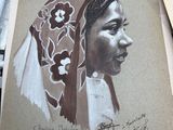 painting of a woman in a headscarf with flowers on her head