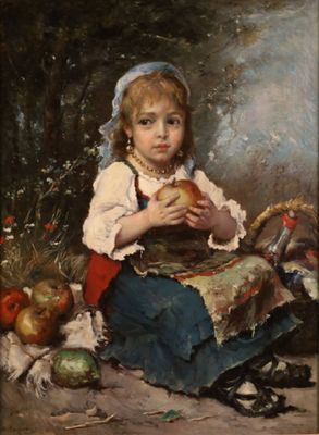 un tableau représentant une jeune fille tenant une pomme