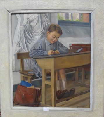 un tableau représentant un jeune garçon assis à un bureau