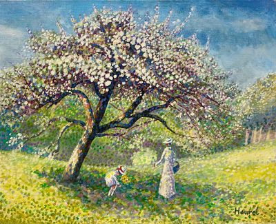 an oil painting of a woman and a dog in a field with a tree