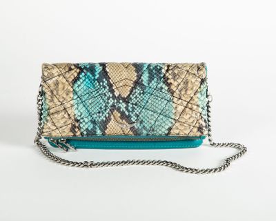 a snake skin clutch bag with chain strap and chain closure