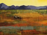 a painting of horses grazing in a field with mountains in the background