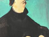 painting of a man in a black coat and hat with his arms crossed