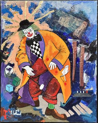painting of a clown dressed in a yellow coat and red pants with a black top hat