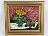 une peinture à l'huile représentant un vase avec un tournesol et deux cerises posé sur une table