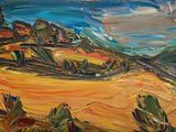 une peinture à l'huile représentant un paysage avec un champ et une maison au loin