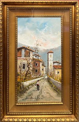 an oil painting of a man walking down a road in a village