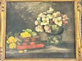a painting of flowers in a vase and books on a table
