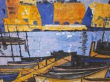 a painting of boats docked in a harbor on a sunny day