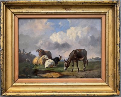 tableau représentant des vaches et des moutons paissant dans un champ, avec un ciel nuageux en arrière-plan