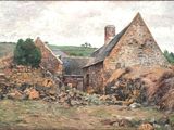 peinture représentant un vieux bâtiment en pierre avec une cheminée et un mur de pierre