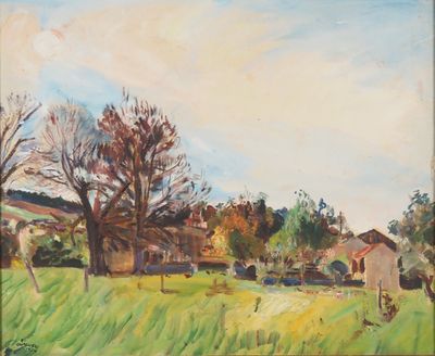 une peinture à l'huile représentant un champ avec des arbres et des maisons en arrière-plan