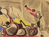 peinture d'un homme assis sur un canapé à côté d'une femme à vélo