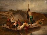 tableau représentant un groupe de personnes à bord d'un bateau sur un plan d'eau