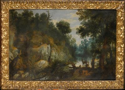 une peinture à l'huile représentant une scène fluviale avec un homme dans un bateau