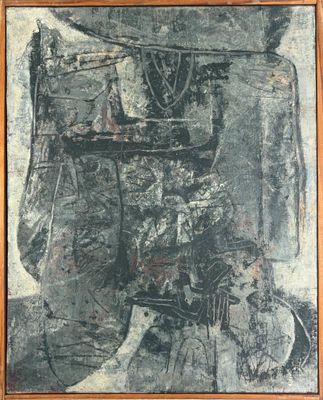 an image of a black and white painting of a man on a bike
