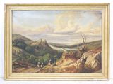 une peinture à l'huile d'un paysage avec un château au loin