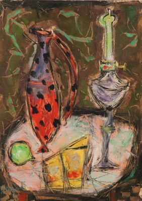une image représentant un tableau sur lequel figurent un vase et un verre posés sur une table