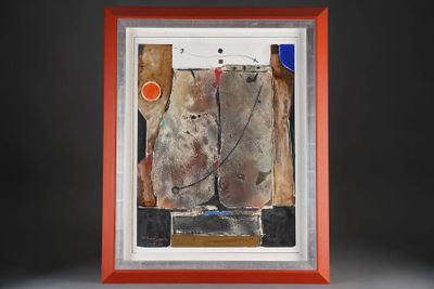 painting in a red frame on a black background with a white background