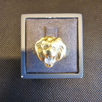 un gros plan d'un pendentif en forme de tête de lion en or, dans un écrin en argent
