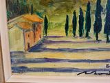 une image représentant un tableau d'une rue avec des arbres et un bâtiment