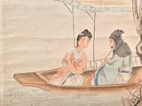 a painting of two women in a boat on the water