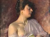 painting of a woman in a white dress holding a book
