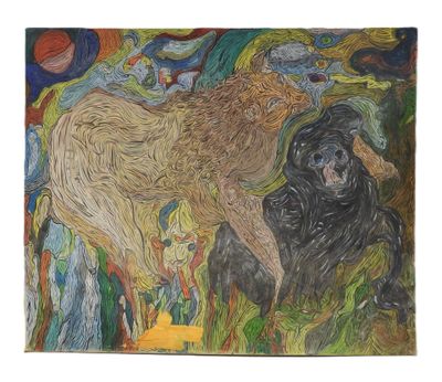an image of a painting of a bear and a dog in a field