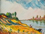 a painting of a boat on the shore of a lake