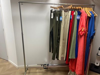 a rack with clothes on it in a room